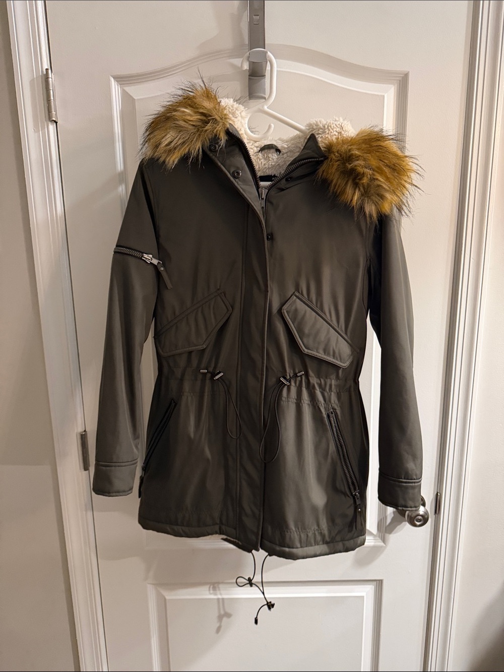 Aqua Olive Green Trench Coat with Faux Fur Hood Trim